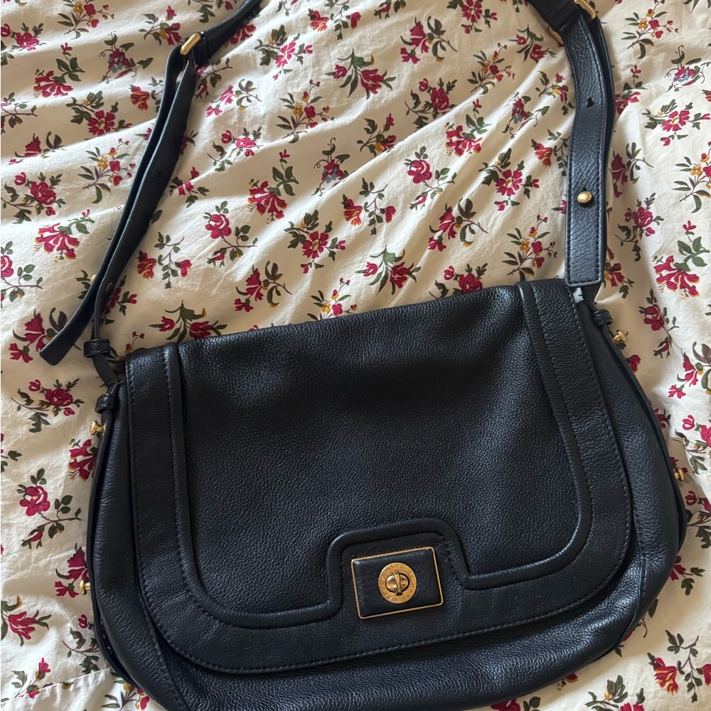 Marc by Marc Jacobs Slim Black Pebbled Leather Satchel with Gold Hardware
